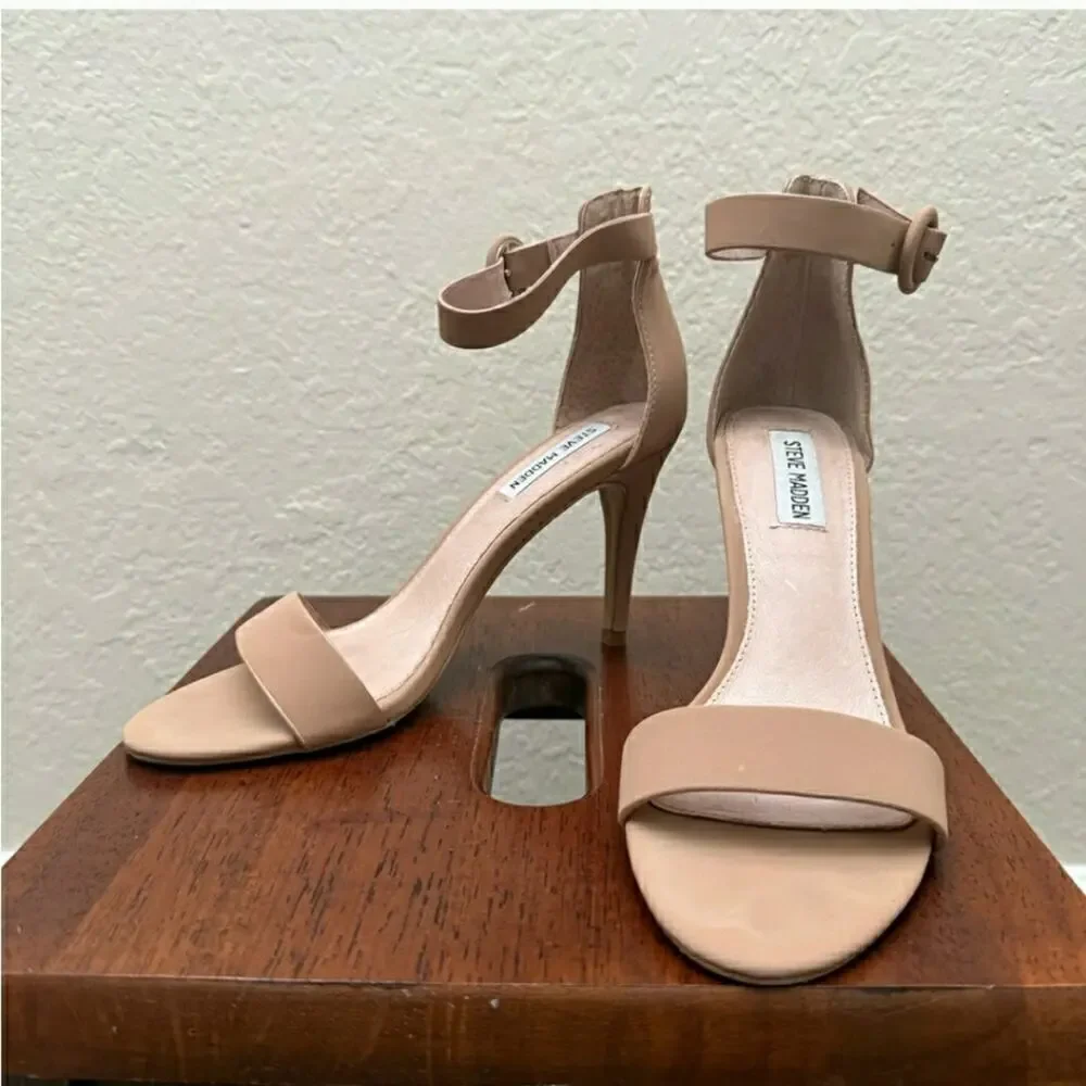 Steve Madden Elegant Tan Stiletto Ankle Strap Heels - Picture 3 of 5